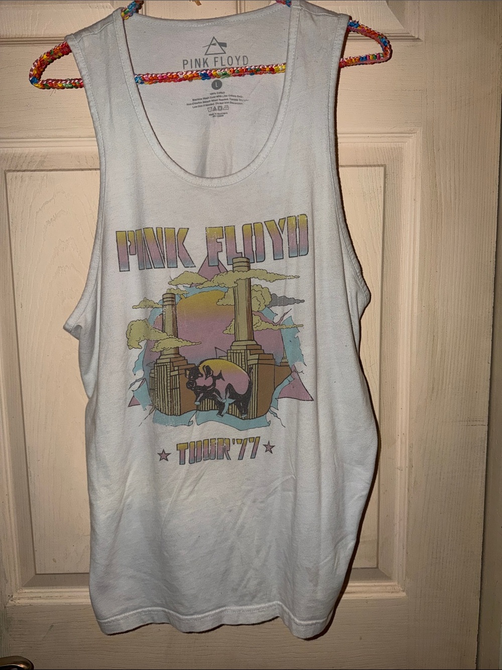 Pink Floyd White Graphic Tank Top with Pastel Tour Print